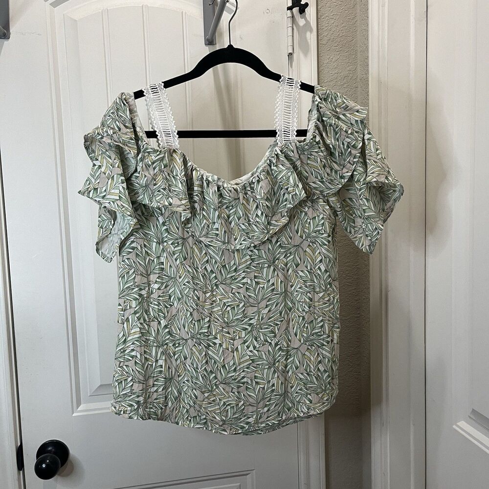 OH MY GIRL Green Pink Floral Cotton Cold Shoulder Hawaiian Top Womens Size M